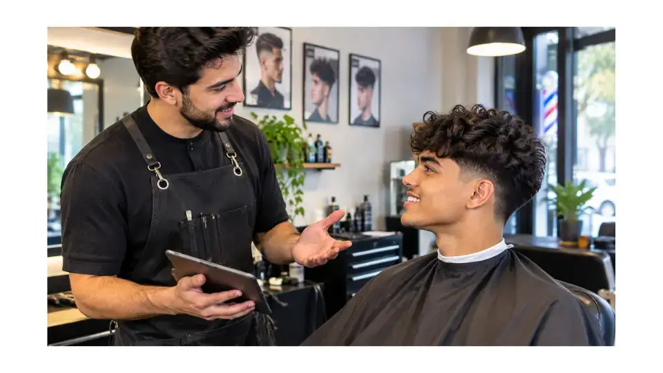 barbershop chair consultation scene mid taper fade