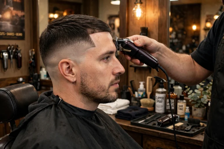 Barber finishing a clean taper fade hairline with a trimmer in a barbershop