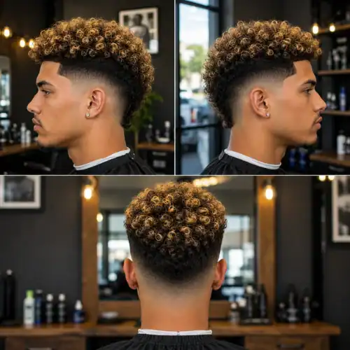 dyed curls curly hair mid taper fade haircut