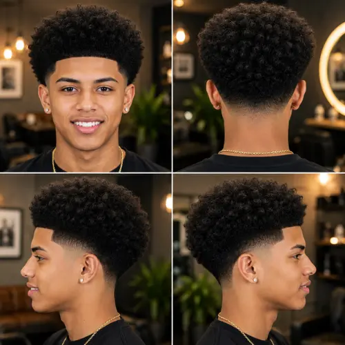 Afro Blowout Mid Taper Fade hairstyle for men with natural textured volume and clean tapered sides