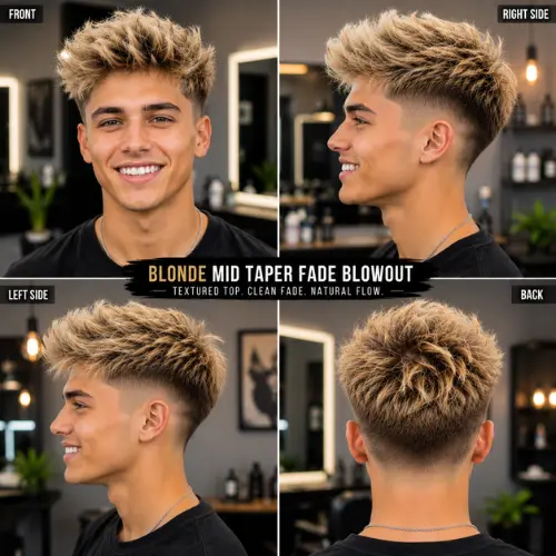 Blonde Mid Taper Fade Blowout hairstyle for men with textured, voluminous hair