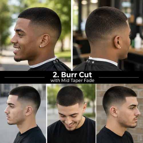Burr cut with a mid taper fade featuring side and back views.