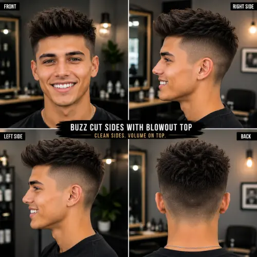 Buzz Cut Sides With Blowout Top hairstyle for men with short tapered sides and voluminous hair
