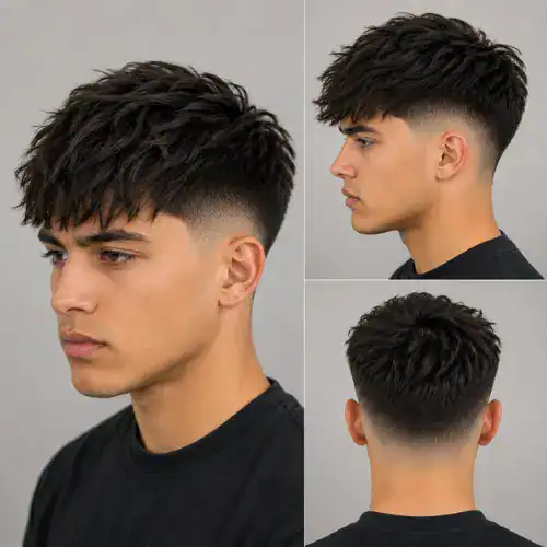 choppy textured mid taper fade fringe style
