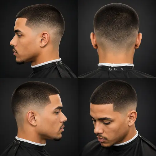 Classic buzz cut with a clean mid taper fade shown from multiple angles.