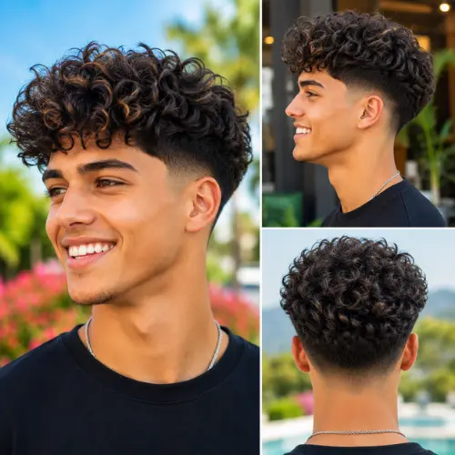 Curly mid taper fade blowout for men