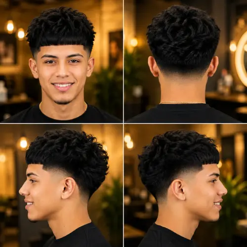 Edgar Blowout Mid Taper Fade hairstyle for men with textured volume and a sharp fringe