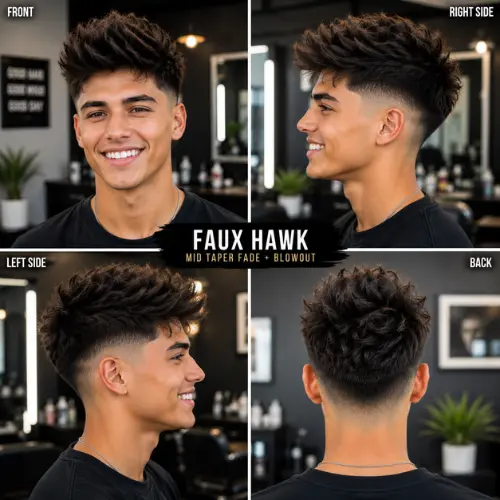Faux hawk mid taper fade blowout for men