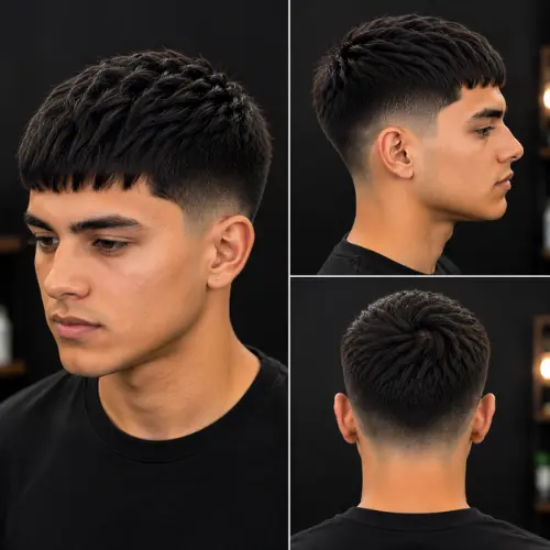French crop mid taper fade on straight hair featuring a blunt horizontal fringe and clean temple blend