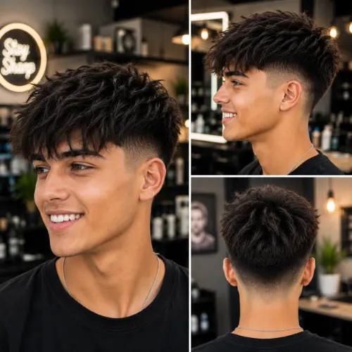 Fringe mid taper fade blowout for men