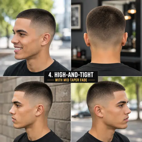 High-and-tight haircut with a clean mid taper fade shown from different angles.