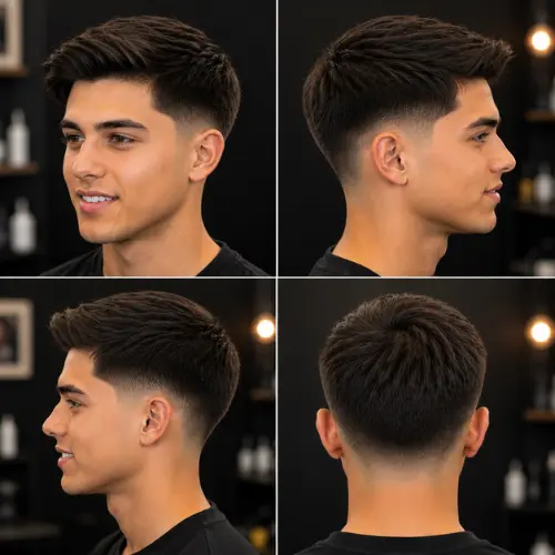 Low mid taper fade on straight hair showing a subtle temple blend and clean hairline contrast