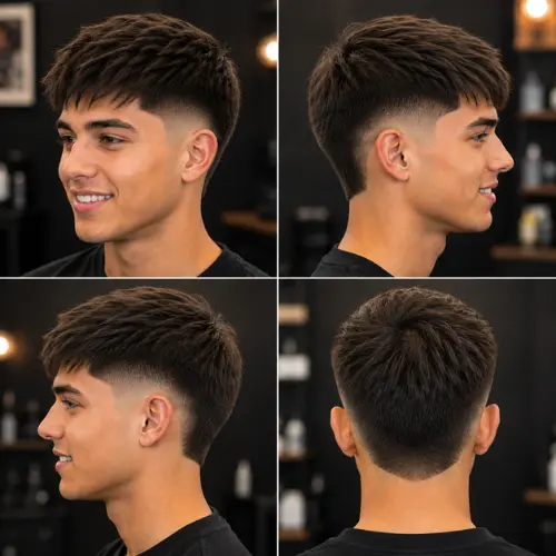 Mid taper burst fade on straight hair showing a curved ear blend and sharp temple contrast
