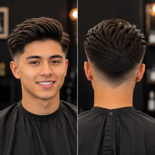 Mid taper drop fade on straight hair featuring a downward curved neckline blend and clean temple contrast