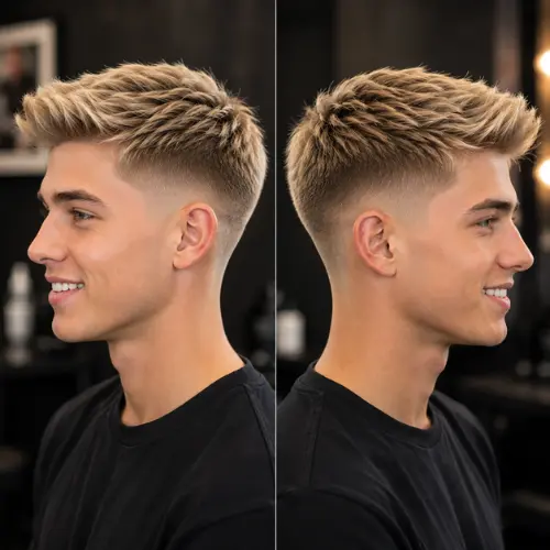 Mid taper fade blonde straight hair haircut showcasing smooth color gradient and sharp temple contrast