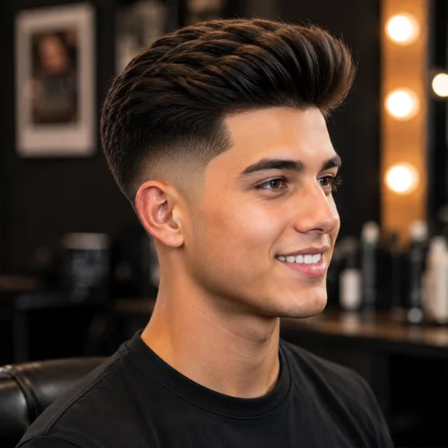 Mid taper fade blowout style on men with straight hair showing volumetric top texture