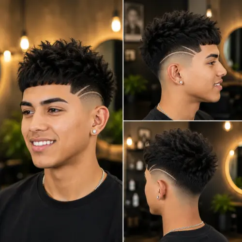 Mid Taper Fade Blowout With Design featuring textured volume and a shaved hair design