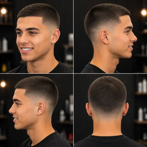Mid taper fade buzz cut on straight hair showing a sharp buzz top and clean temple fade contrast