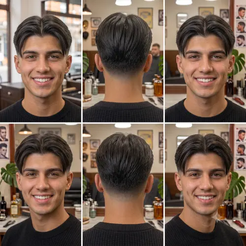 Mid taper fade curtains on straight hair showcasing center-parted sweeping layers and clean temple fade