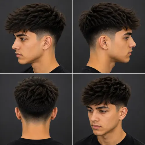 Mid taper fade fluffy straight hair haircut featuring high volume textured top and sharp temple contrast