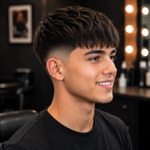 Mid taper fade fringe haircut on straight hair featuring a textured forward-styled crop