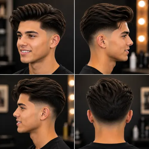 Mid taper fade on long straight hair featuring a clean temple blend contrasting with flowing top length