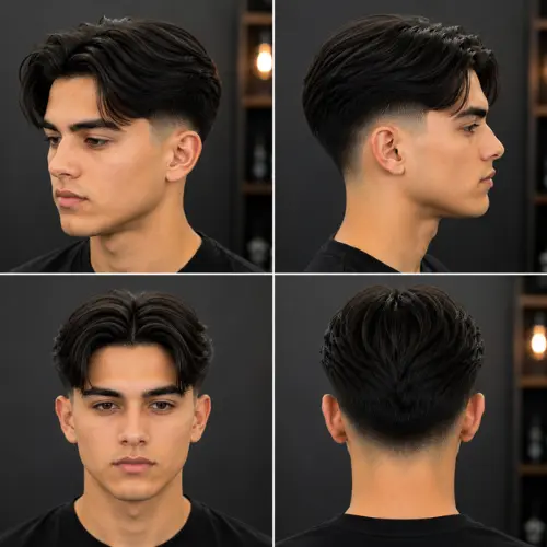 Mid taper fade middle part on straight hair featuring a curtain hair flow and clean temple contrast