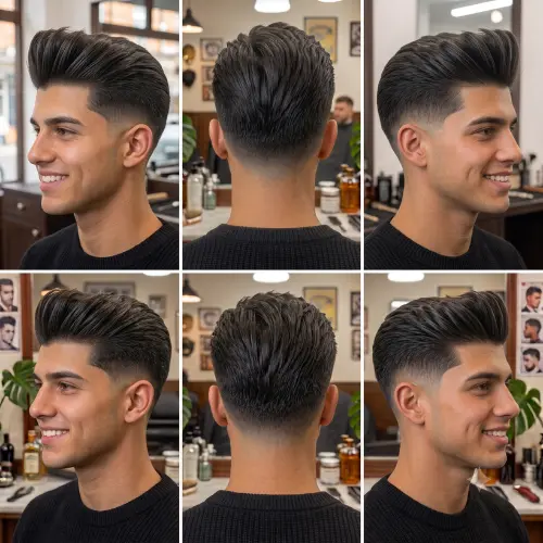 Mid taper fade quiff haircut on straight hair featuring high swept up front volume and clean temple contrast