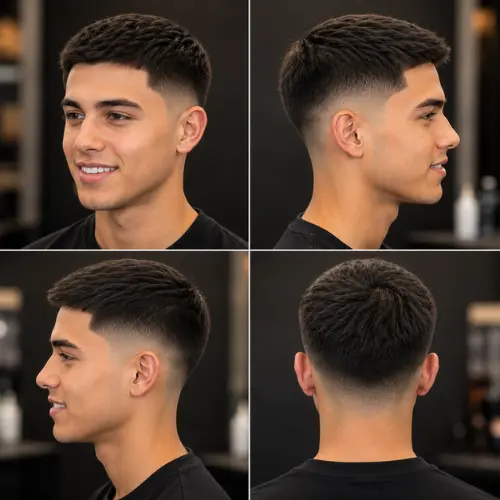 Mid taper fade short straight hair haircut featuring a neat buzz crop and sharp temple contrast