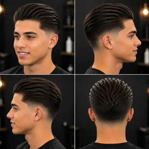 Mid taper fade slick back on straight hair showcasing swept back top volume and clean temple fade