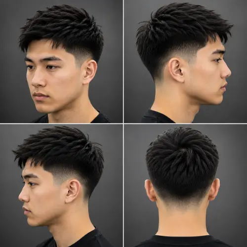 Mid taper fade on Asian straight hair showing smooth temple transition and structured top volume