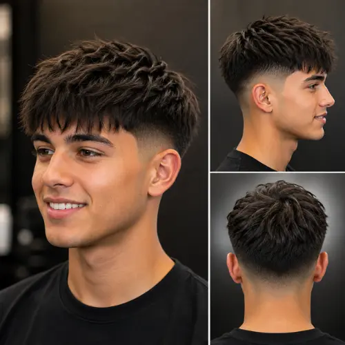 Mid taper fade textured fringe style on straight hair showing choppy forward layers and clean temple fade