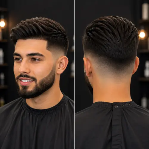 Mid taper fade with beard on straight hair showing a seamless sideburn disconnect and sharp facial hair line