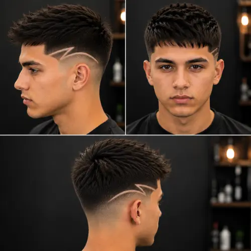 Mid taper fade with design on straight hair featuring sharp hair art etchings and clean temple contrast