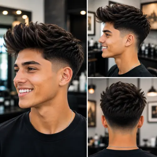 Quiff mid taper fade blowout for men