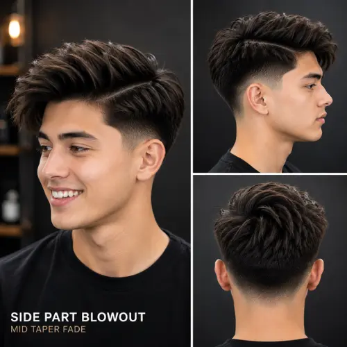 Side Part Blowout Mid Taper Fade