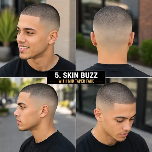Skin buzz cut with a sharp mid taper fade shown in multiple views.