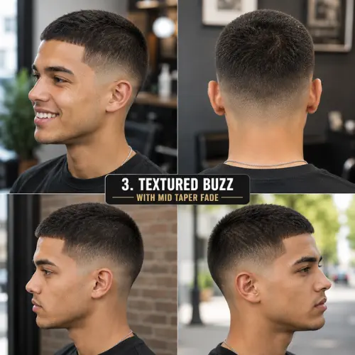 Textured buzz cut with a mid taper fade from multiple viewpoints.