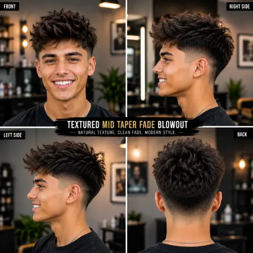 Textured mid taper fade blowout for men