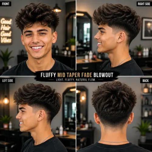 Fluffy Mid Taper Fade Blowout hairstyle for men with voluminous textured hair