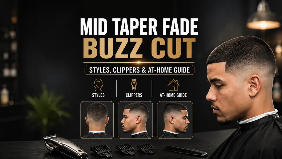 Mid Taper Fade Buzz Cut feature image showing a clean buzz cut with a sharp mid taper fade, barber clippers, multiple hairstyle views, and an at-home styling guide.