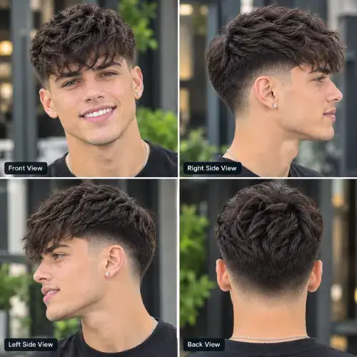 Classic textured fringe haircut with a mid taper fade for men