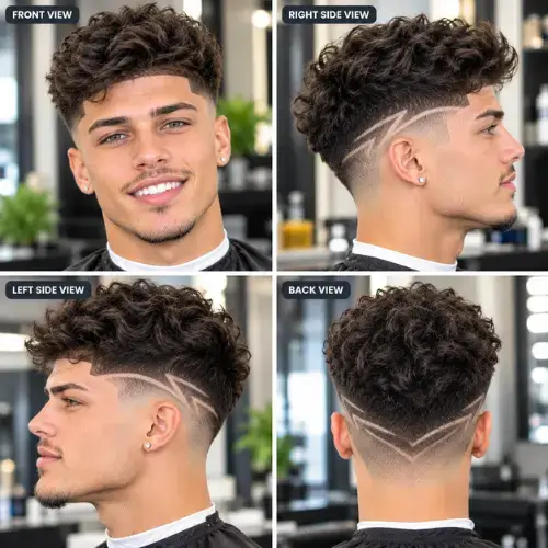 A sharp mid fade with design featuring unique shaved hairline patterns on clean tapered sides