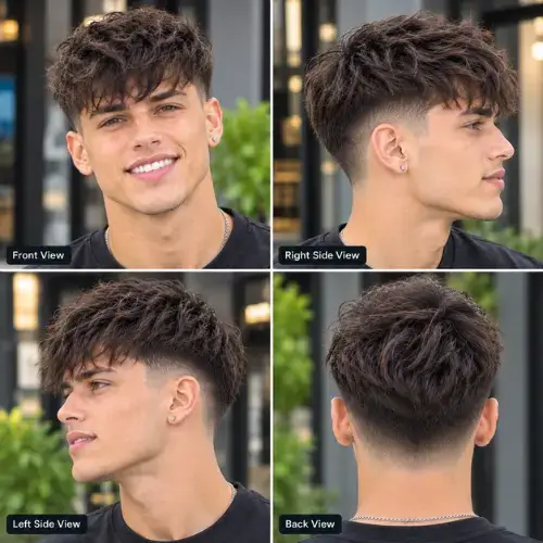 Choppy textured fringe haircut with a clean mid taper fade