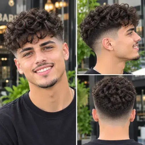 A stylish curly top mid fade haircut showing natural curls on top with a clean mid taper fade