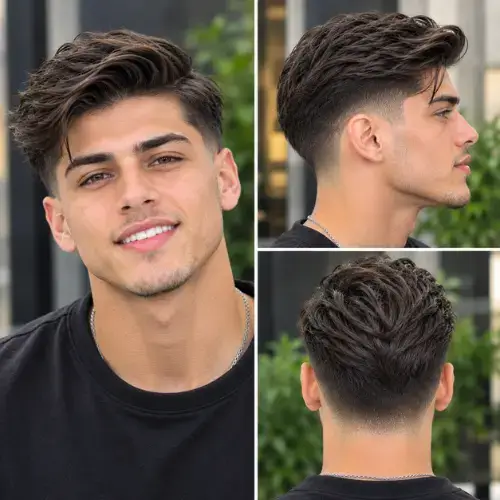 textured comb over mid taper fade haircut