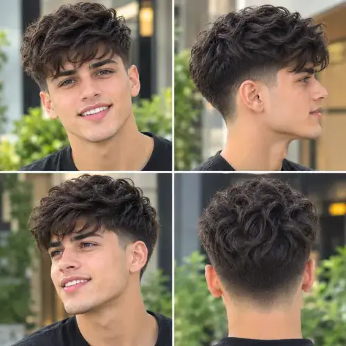 High-volume textured fringe haircut paired with a sharp mid taper fade