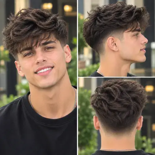 Blowout textured fringe haircut featuring a seamless mid taper fade