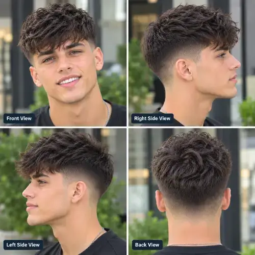 A stylish textured fringe with mid fade featuring layered front hair and clean tapered sides