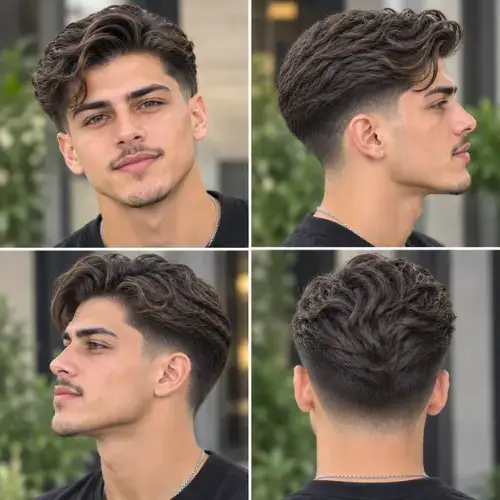 wavy comb over mid taper fade haircut